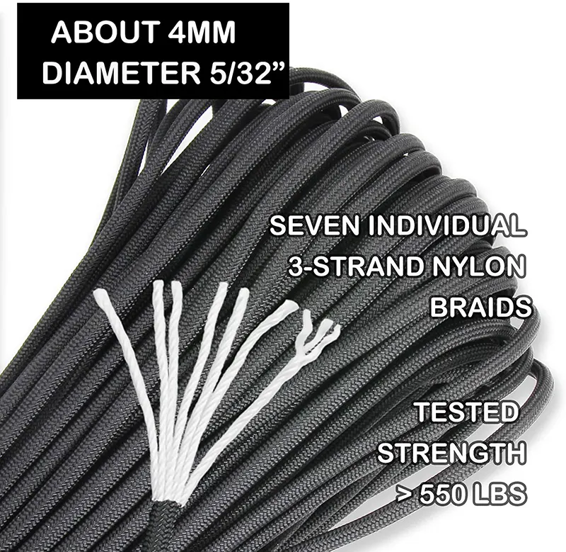7 Strand Core 4mm Solid Black 550 Polyester Paracord